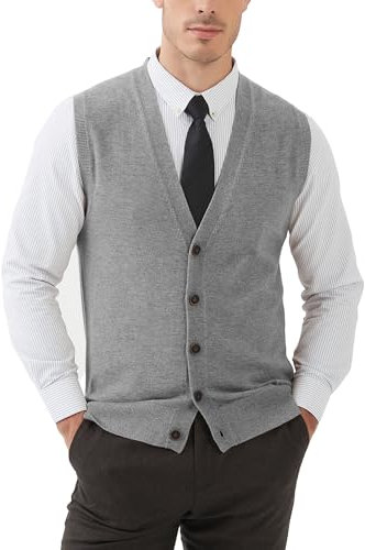 Kallspin Gilet Cardigan da Uomo con Scollo a V e Bottoni in Misto Lana(Grigio Chiaro,2XL)