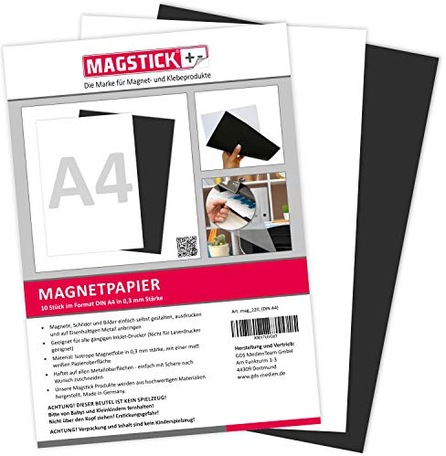 Magstick Set de 10 feuilles de papier magnétique | blanc | format A4 | DIY | imprimable avec une imprimante jet d'encre courante | pour écrire imprimer ou utiliser comme photo magnétique | mag220