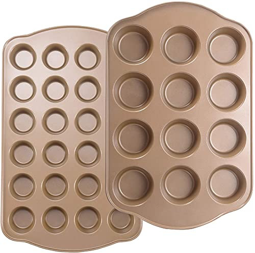 JOHO Baking Nonstick Muffin & Cupcake Pan Set (2 Pack) - 12 Cup Regular + 24 Cup Mini Muffin Tins | Heavy Duty Gold Carbon Steel, Rust-Resistant, Easy Release