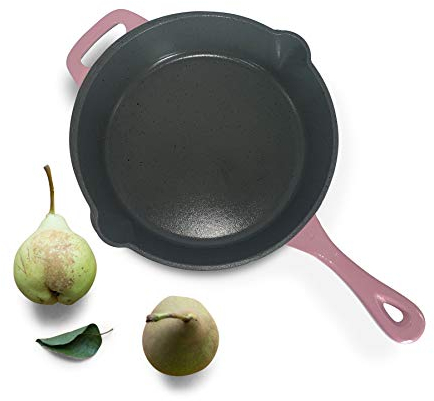 Cast Iron Frying Pan Non-Stick Enamelled Skillet Pan - Oven Safe for Indoor & Outdoor Use for Grill - 26cm Pink 1.7L