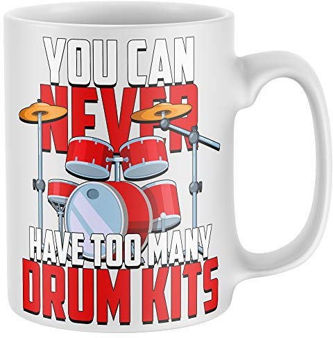 Purple Print House Mens You Can Never Have Too Many Drum Kits Mug - Funny Birthday Drummer Gifts For Him - Rock Music Coffee Cup, White, One Size