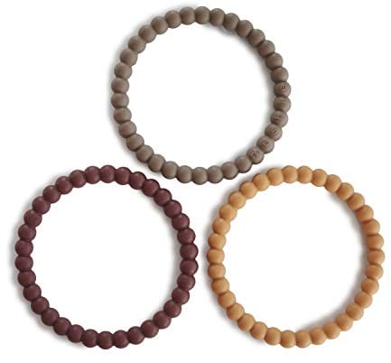 Mushie Perlen Beißringarmbänder, Zahnungshilfe für Kinder, 3er-Pack (Berry/Marigold/Khaki)