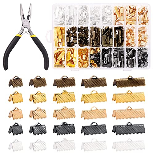Wokape 701 Stück 5 Farben 5 Größen 8 mm 10 mm 16 mm 20 mm 25 mm Bandenden Quetschenden Klemmen mit Spitzzangen-Set, Quetschklemme, Endstücke, Kordelenden, Verschluss, Leder-Crimpenden