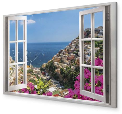 murando - Akustikbild Fensterblick Bilder Akustikschaum Hochleistungsschallabsorber Schallschutz Leinwand 1 tlg Wandbild Raumakustik Schalldämmung Positano Italy Landschaft