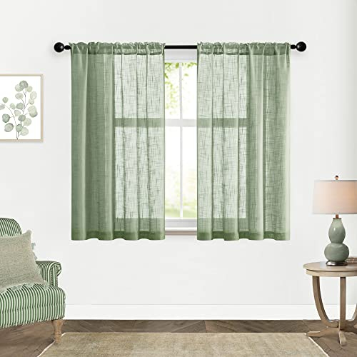 Badezimmer-Kurzvorhänge, mit Eukalyptus-Deko, leinenartige transparente Boho-Vorhänge für Küchen- oder Duschfenster, 122 cm lang, 2er-Set, Salbeigrün