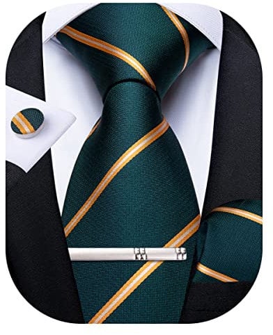 DiBanGu Herren Seidenkrawatten-Set, gestreift, kariert, Krawatte, Einstecktuch, Manschettenknöpfe und Krawattenklammer, Set für Business, Hochzeit, Party, Grün / Gelb, Einheitsgröße