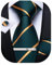 DiBanGu Herren Seidenkrawatten-Set, gestreift, kariert, Krawatte, Einstecktuch, Manschettenknöpfe und Krawattenklammer, Set für Business, Hochzeit, Party, Grün / Gelb, Einheitsgröße