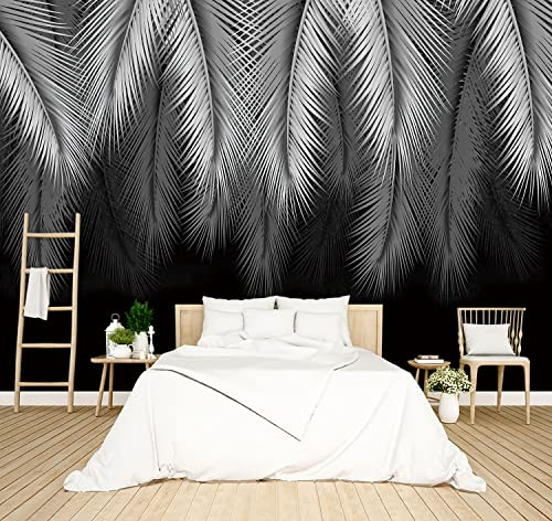 BZHXBZ - grey tropical botanical leaf wallpaper bedroom palm leave plant murals office modern black and white trendy room decor living room tv background large wall mural - 160x108Not Peel and Stick