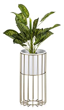 HowHomely Moderne Blumenständer Metall 42 cm Hoch mit Weiß Blumentopf Rund 19 cm Ø auf Robuste Gold Ständer - Pflanzenständer zur Dekoration Innenräumen