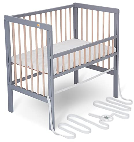 FabiMax Baby Beistellbett für Boxspringbett, TÜV geprüft 2022, Buche massiv grau/Natur, inkl. Matratze Air