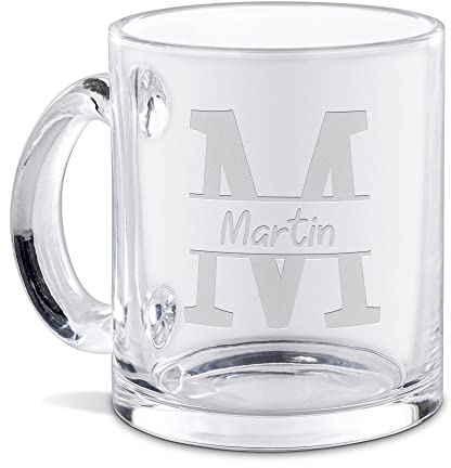 Print Royal Personalisierte Glastasse graviert mit Ihrem Anfangsbuchstaben M und Namen - Namenstasse graviert, Geschenkidee, Geburtstagsgeschenk | Lasergravur, Runde Schrift, 300ml