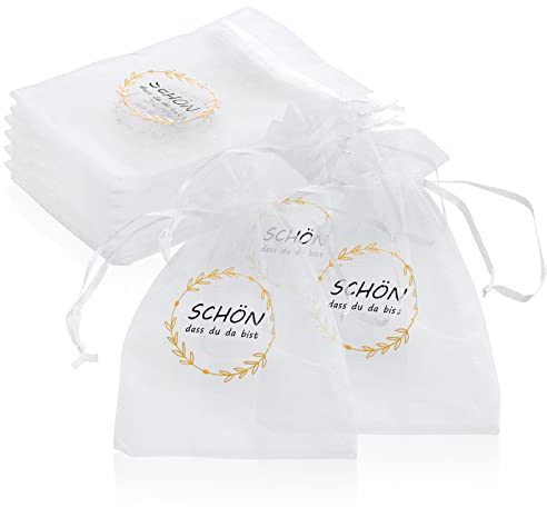 50 Stück Weiß Organzabeutel Schön DASS Du Da Bist Geschenkbeutel Organza 10 * 15cm Hochzeit Organzasäckchen für Hochzeit Baby Shower Schmuck Süssigkei tBeutel