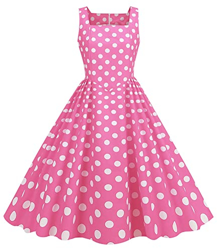 Damen 50er 60er Jahre Vintage Polka Dot 1950er Cocktail Party Swing Kleid Puppenkragen Retro Audrey Hepburn Rockabilly Ballkleid, Pink-quadratischer Hals, Mittel