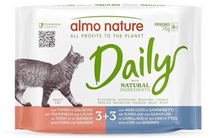 Almo Nature Daily Komplettes Nassfutter für Erwachsene Katzen - mit Thunfisch und Lachs - mit Kabeljau und Garnelen - Leckerbissen - 6 Beutel à 70 g