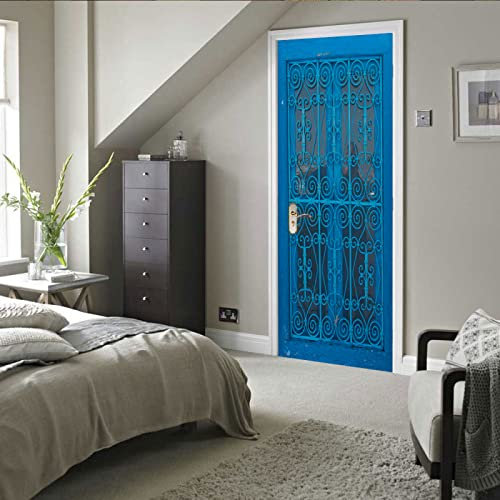 Modern Art 3D Door Mural Sticker Blue Iron Gate Peel and Stick Removable Vinyl Door Decals for Home Decor, 2 Pcs Set W33.46 x H78.7 Inch