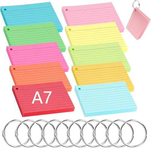 Ticeed 500 Blätter Karteikarten [10 Farben A7 Flashcards] Liniert Lernkarten Beschriftbar Index Karte Vokabelkarten Bunt Kariert Karteikarten Mehrfarbige für Vokabeln Lernen Notizen mit 10 Binderinge