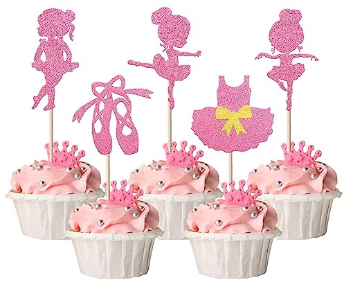30 Pack Fairy Ballet Cupcake Toppers Ballet Dancer Girls Cupcake Toppers Glitter Ballet Shoes Ballerina Dress Cupcake Picks for Baby Shower Cupcake Decorations Baby Shower Birthday Party Supplies Pink