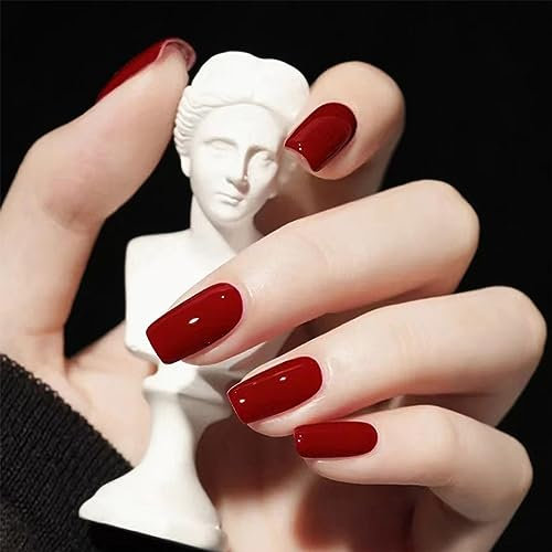 Agasar 24pcs Medium Square False Nails Burgundy Stick on Nails Press on Nails Removable Glue-on Nails Fake Nails Acrylic Full Cover Nails Women Girls Nail Art Accessories