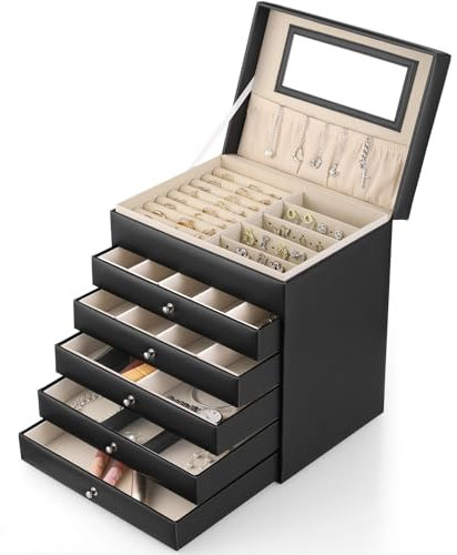 Schmuckkästchen Damen,Schmuckschatulle mit 6 Ebenen, Schmuckschatulle mit spiegel,Schmuckaufbewahrung mit Schubladen für Halsketten,Armbanduhren,Ringe,Ohrringe,Armbänder,Geschenk für Mädchen (Schwarz)