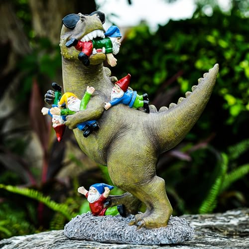 ACHYHAVIN Gartenzwerg Statuen Gartendekoration – großer Dinosaurier, fressende Zwerge, Outdoor-Dekoration für Terrasse, Rasen, Hof, Dekoration – Uique Einweihungsgeschenk