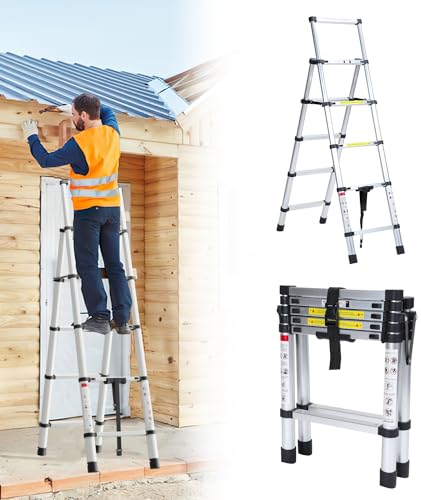 Jopassy 1,4m+1,7m Teleskopleiter Klappleiter 4+5 Stufen, A-Rahmen Mehrzweckleiter Stehleiter aus Aluminium, Ausziehleiter Trittleiter Leiter für Dachreparaturen