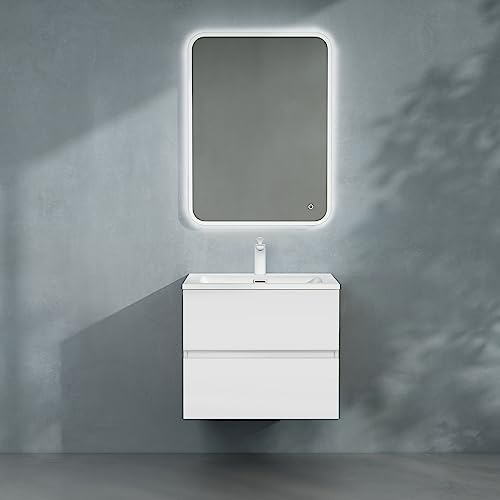 doporro Mueble de Baño Suspendido 60cm, Mueble de Baño con 2 Cajones Incluye Lavabo Blanco y Espejo LED Blanco Mate Aqualis