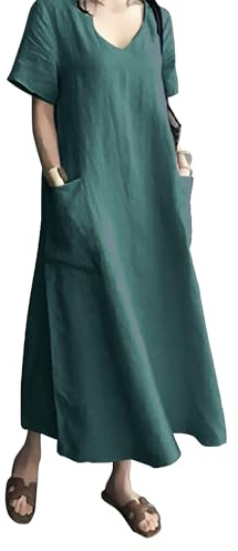 AUDATE Women's Casual Dress V Neck Linen Maxidress Short Sleeve Long Dress Summer Beach Dress Dark Green XXL