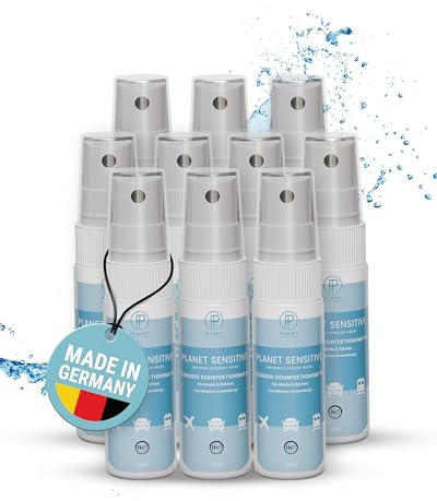 Planet Sensitive® -10 x 50ml alkoholfreies Desinfektionsmittel für Flächen, Oberflächen, Hände & Haut - Wirksam gegen Bakterien, Viren, Hefen & entfernt Gerüche | Mild basisch | Sprühflasche Sprayer