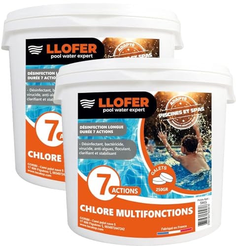 Llofer -Chlore Multifonction en Galet de 250g -10kg- Désinfection Longue Durée 7 Actions,Haute Teneur en Chlore (92%), Fabriqué en France