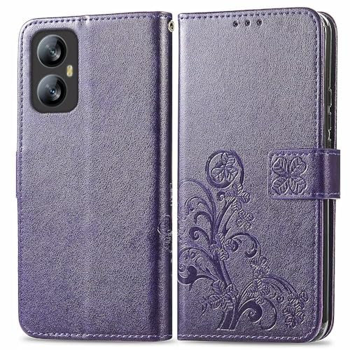 RankOne Custodia in Pelle per Smartphone, Compatible with Blackview A52 Pro (6.5 Inches), Cover a Portafoglio con 3 Fessure per Carte 1 Tasca Portamonete Motivo Quadrifoglio - Viola scuro
