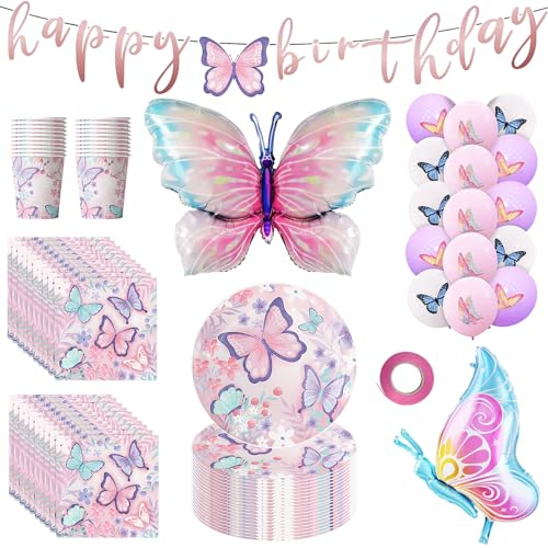 YANGUN 79 PCS Deco Anniversaire, Decoration Papillon Anniversaire, Géant Ballons Papillon, Gobelets, Assiettes, Banderoles, Serviettes pour Decoration Anniversaire, Bapteme, Mariage, Graduation