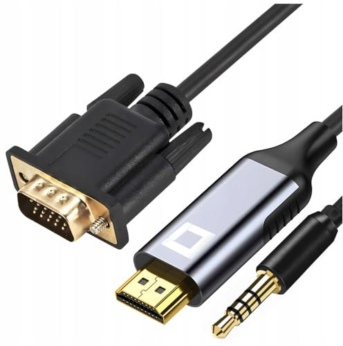 Co2 Câble VGA D-SUB vers HDMI 2K/60Hz avec mini jack audio, Full HD 1080p, Plug & Play, plaqué or, adaptateur unidirectionnel, convertisseur, compatible avec les moniteurs, projecteurs (2m)