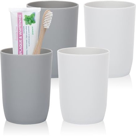 AstraLoom 4 Stück Zahnputzbecher Set - Stapelbare bruchsichere Kunststoffbecher 280ml für Badezimmer & Reise (Grau/Weiß)