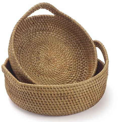 Rattan-Brotkorb, handgewebter Obstkorb mit Griffen, Weiden-Servierkorb, Schüssel, dekorative Körbe für Küchentheke, 2 Stück