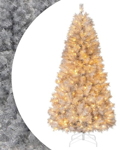 SPOTRAVEL 5FT/6FT Pre-Lit Artificial Christmas Tree, Hinged Decoration Tree with 385/553 Branch Tips, 170/230 Warm White LED Lights & Silver Tinsel Leaves, Festive Pre-lit Xmas Tree (6FT)