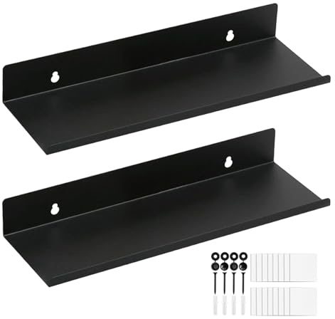 Pilikoll 2 Stück 30cm Wandregal Metall Schwarz mit Schraube, Klebeaufkleber Schwarz Metall Schweberegal Schwebendes Regal für Wohnzimmer, Küche, Bad, Schlafzimmer, Büro,Kinderzimmer