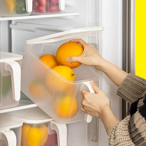 MineSign Paquete de 4 recipientes de almacenamiento de plástico de 8 litros con tapa, organizador cuadrado grande de almacenamiento de alimentos, organizador apilable para refrigerador con asa