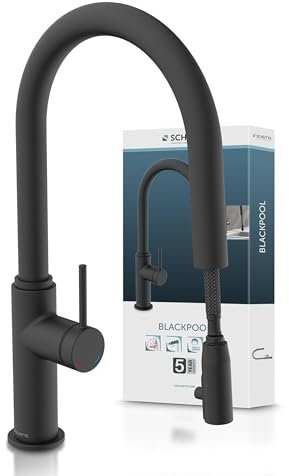 SCHÜTTE Blackpool 79566 Robinet de cuisine avec douchette extractible, robinet 360 degrés pour la cuisine, mitigeur monocommande, mitigeur d'évier avec douchette extensible, noir