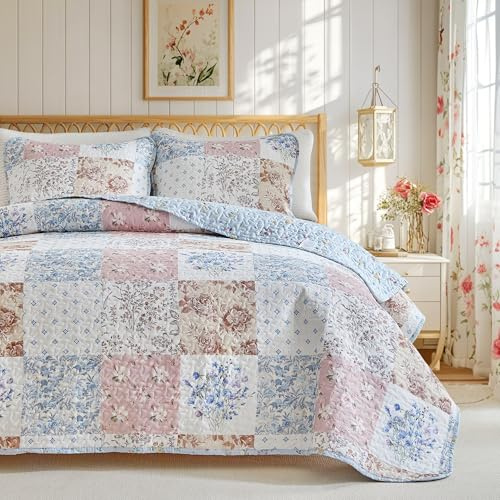 Joyreap Baumwoll-Bettwäsche-Set mit Blumenmuster, Elegantes Patchwork-Design, 3-teiliges Queen-Size-Bettwäsche-Set, weiche und gemütliche Tagesdecke, Bettbezug für alle Jahreszeiten, 228,6 x 228,6 cm