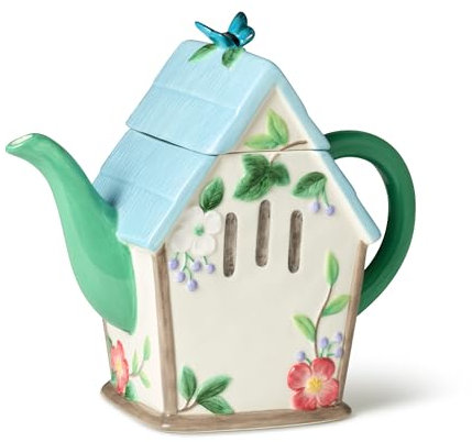 Flora 3D Birdhouse Teapot – 32-Ounce Hand-Painted Ceramic Teapot with Pastel Floral and Butterfly Design, Ideal for Tea Serving, Hosting, and Decorative Kitchen Display