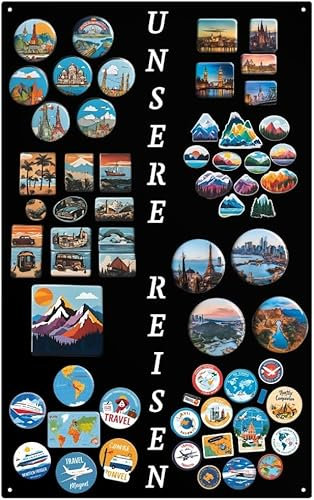 Anwicar Magnettafel Unsere Reisen - Rahmen 80x 50 cm magnetische Pinnwand aus Stahl - ideal für Reise - Magnete und Erinnerungen - beschreibbare Magnettafel - inkl. Montageset - Schwarz