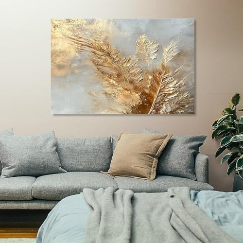 Generisch Großes Leinwandbilder Bilder 80x160cm Poster Goldene Feder | abstrakt Kunstdrucke Wanddekoration, Modern Bilder Wohnzimmer Leinwand Deko für Schlafzimmer, Ohne Rahmen