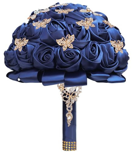 Nyutcwe Bouquet per matrimoni per bouquet da sposa blu scuro da sposa/damigella con gioielli rinestiti 10x9 fiori artificiali poliestere realistici con maniglia