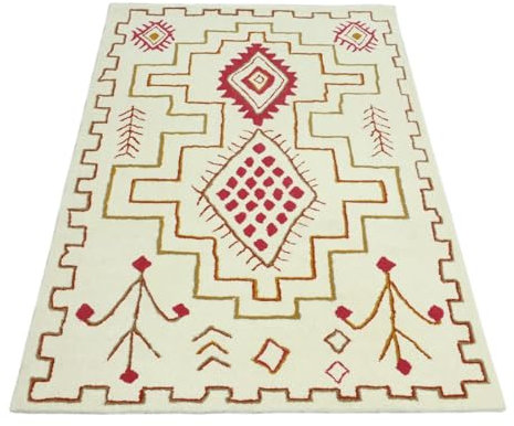 Wollteppich 120x180 Beige Rot Marokko Berber Muster Teppich Handgetuftet HT306
