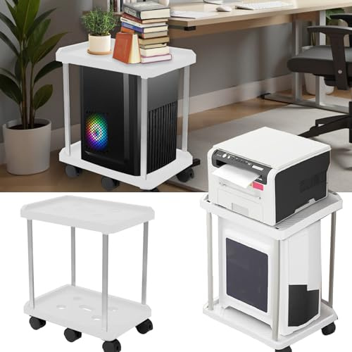 Aisny PC Halterung, Weiß PC Ständer Unter Schreibtisch 2 Schicht CPU Ständer mit 6 Rollen 360-Grad Drehung PC Halter Untertisch für Den Meisten Hosts Platzsparende 55x45x30cm