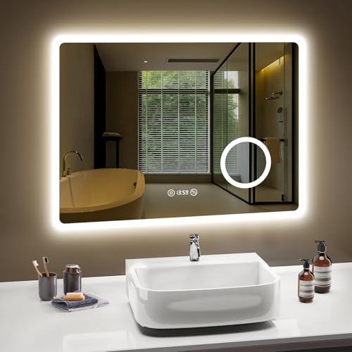 PESENXAN Uhr-Funktion Badspiegel mit Beleuchtung 80 x 60 cm, 3 Lichtfarben Einstellbar, Dimmbar, Antibeschlag, 3-Fach Vergrößerung, IP44 wasserdicht