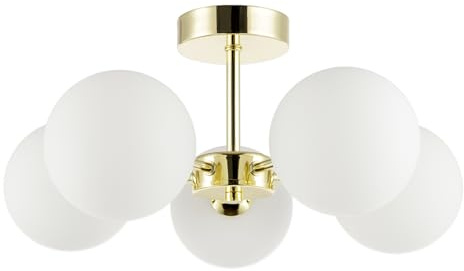 Happy Homewares Modern Chic Polished Gold Ceiling Light with Opal White Round Globe Glass Shades | 22cm x 46cm | 5 x 5w G9 | Class 1 Earth Required