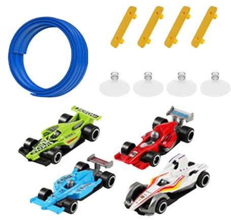 Folpus Flexible Autorennbahn mit 4 Mini-Automodellen, Saugnapfhalterung, 5 -up-Rennstrecke für Kindergeschenke, Blau
