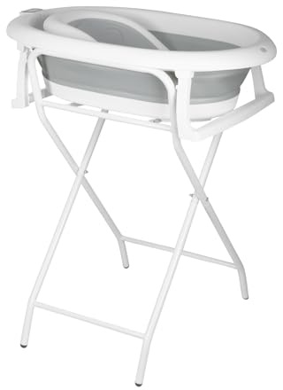 Faltbare Babybadewanne XXL mit Ständer, Sitz und Entwässerungssystem, Thermometer, 0-3 Jahre, 2-in-1 Babybadewanne auf Fuß, platzsparend (Grau mit Ständer, 81 x 47 x 90 cm)