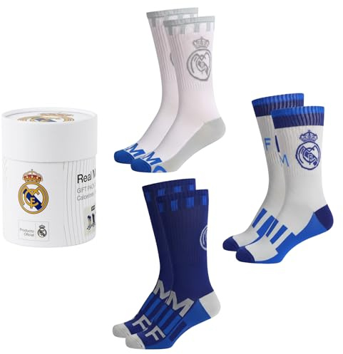 Real Madrid Chaussettes pour Homme, Lot de 3 Paires de Chaussettes en Coton, Coffret Cadeau Incluse, Tailles EU 38 à 45